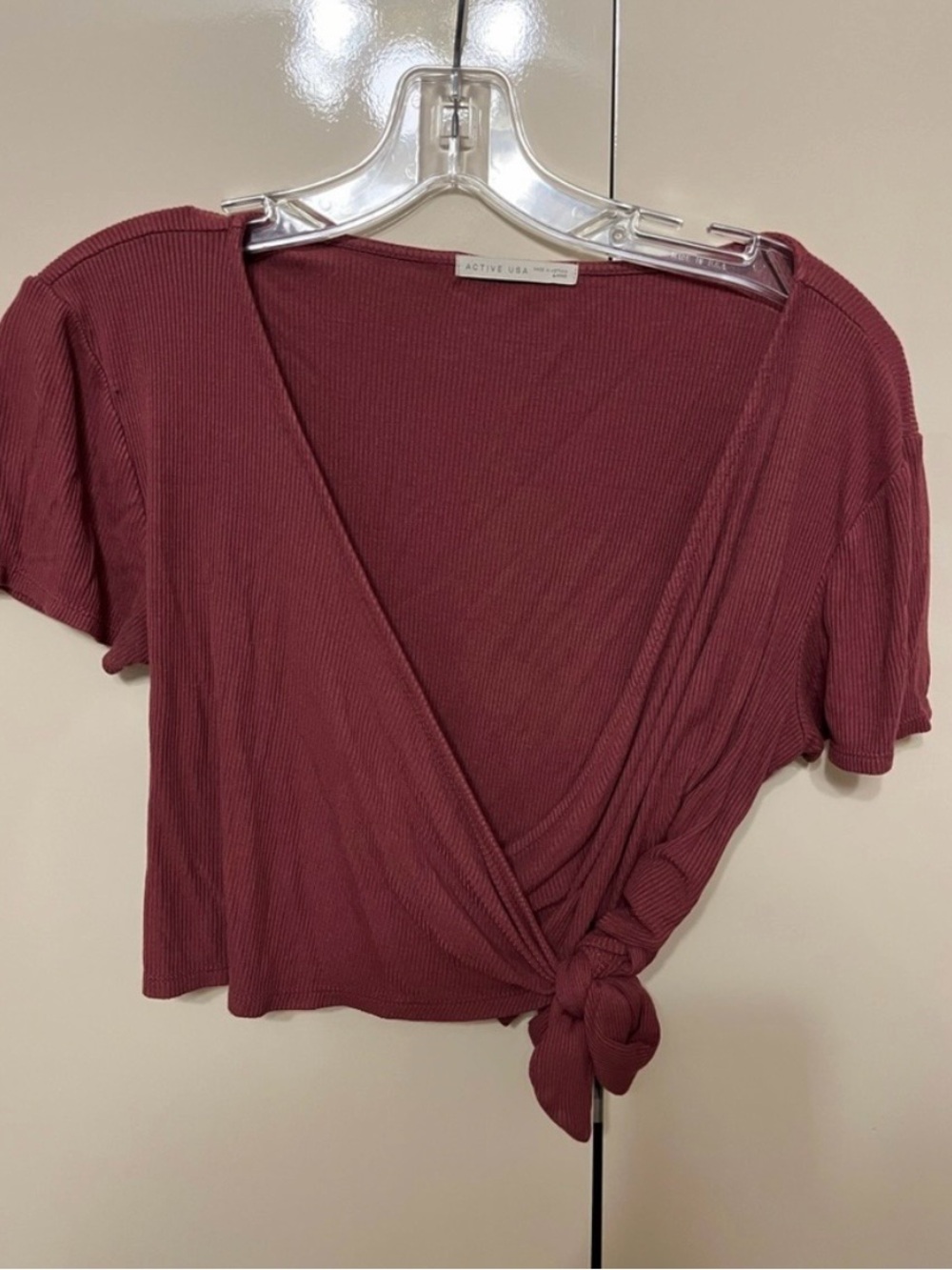 Active USA Dusty Rose Ribbed Wrap Tie Crop Top